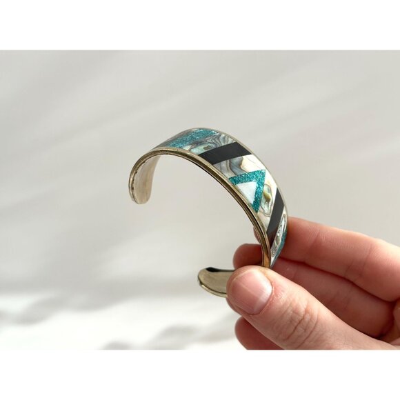 Abalone & Turquoise Hecho De Mexico Gold T Alpaca Silver Vintage Cuff Bracelet - Picture 2 of 16